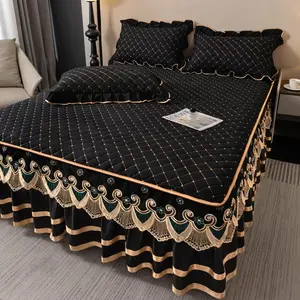 3pcs Cotton Lace Bedskirt Set, Includes 1 Bedskirt & 2 Pillowcases, Thick Quilted Mattress Protector, All Seasons, Decorative Bedding Set