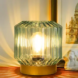 Battery Operated Lamp with Timer Cordless LED Small Lamp, Vintage Table Lantern, Rustic Mood Light for Bedroom Bathroom Farmhouse Home Decor (Green)