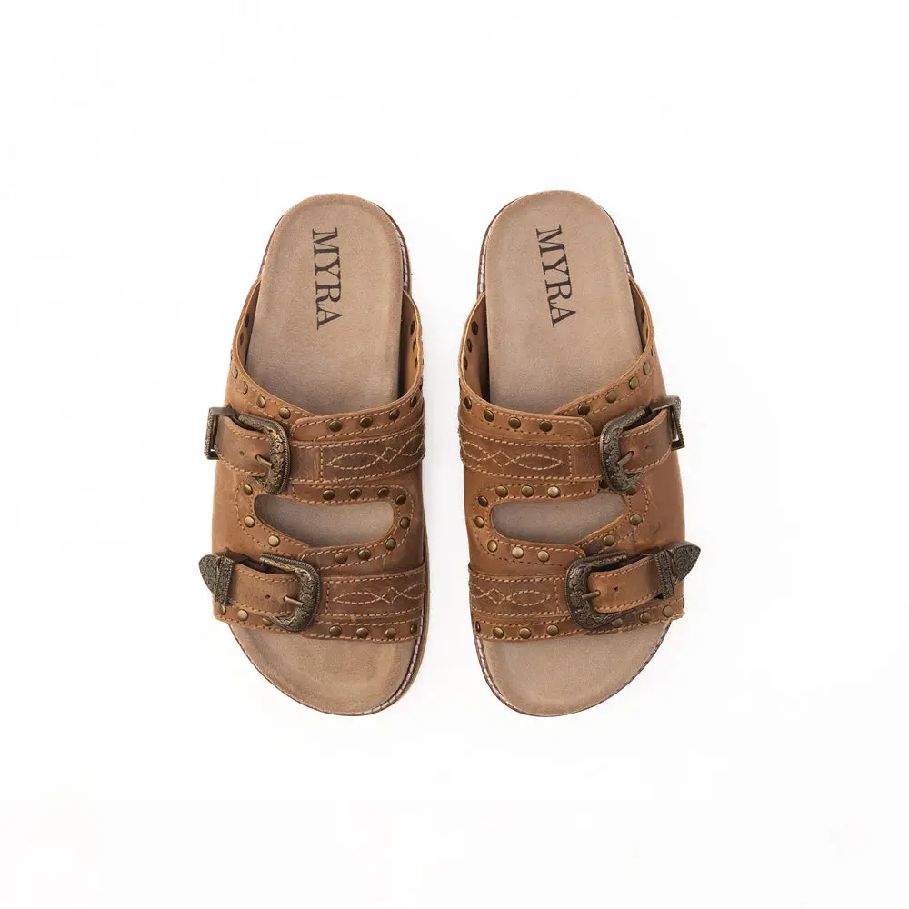 Women's Casual Leather Slides, No Heel Western Sandals with Sonora Sunset Buckle and Studded Detail, Footwear, Rubber, Vintage, Open Toe, Girl, Cork Bed, Stud Detail, Western Slide, Shoes