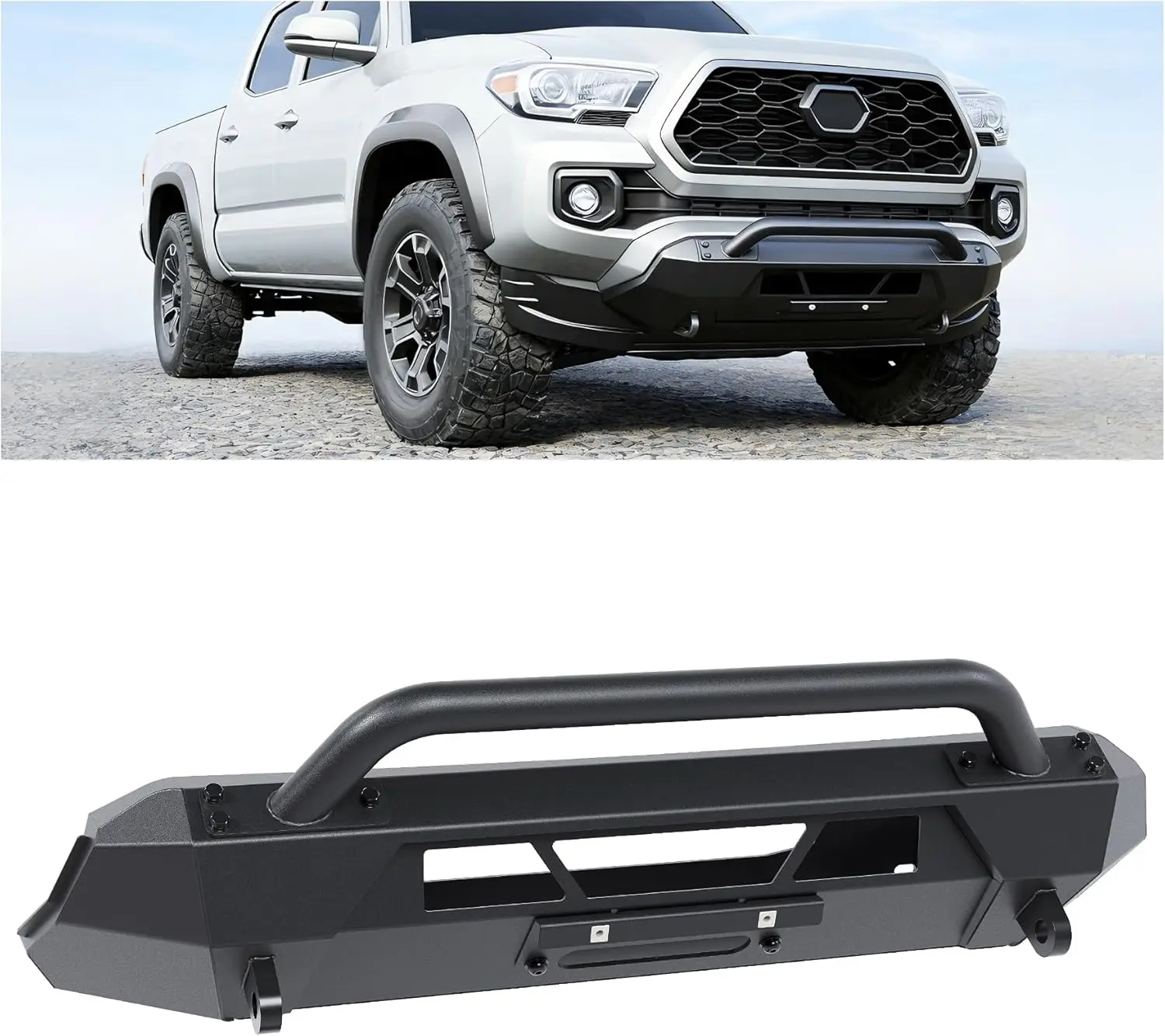 Front Winch Bumper Compatible with 2016-2023 Toyota Tacoma Guard Bull Bar W/Winch Mount 4x4 Front Bumper Split Type Brush GuardFront Bumper Grill Grille Guard Protector Brush Push Bar Steel