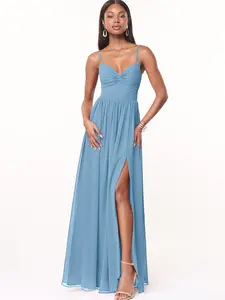 Azazie Zeya Halter Neck Tie Back Slit A-line Bridesmaid Wedding Ceremony Chiffon Dress