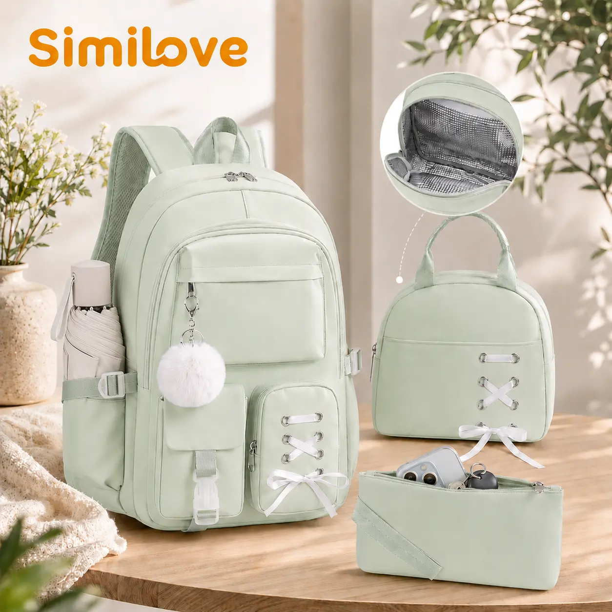 SIMILOVE Ribbon Gradient School Backpack with Laptop Compartment - Personal Item and Food Bag & Zip Pouch/Tote Bag for Women Teens School College Student Hiking, Bookbag Daypack Laptop Travel Backpack for Women, Waterproof, Lightweight,Organiser
