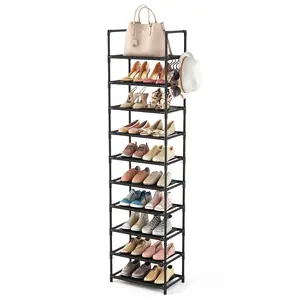 10 Tiers Tall Shoe Rack 20-25 Pairs Boots Organizer Storage Sturdy Narrow Shoe Shelf for Entryway, Closets with Hooks