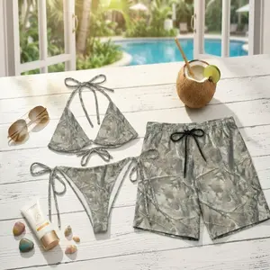 Hot Summer 2026 Matching Couple Swimwear Set, Grey Forest Camo Bikini Set & Men Hawaiian Beach Shorts