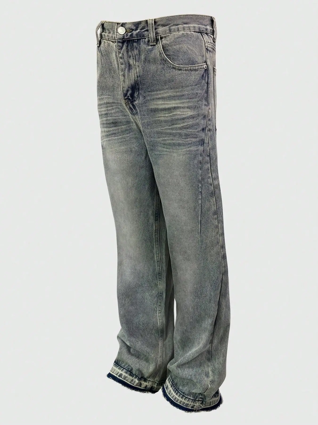 Men's Patchwork Micro Flare Jeans, Pocket, American Style Streetwear Trendy New Arrival, Versatile Fashion Washed Denim, Loose Cotton Fabric, Menswear Pants, Plain