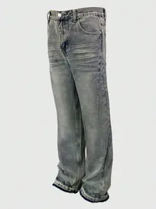 Men's Patchwork Micro Flare Jeans, American Style Streetwear Trendy New Arrival, Versatile Fashion Washed Denim, Loose Cotton Fabric