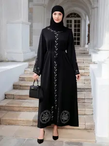 Elegant Vintage V-Neck Dubai Muslim Abaya Dress for Women, Fashionable National Style Long Robe with Diamond Embroidery, Perfect for Arab Occasions