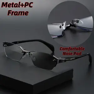 Trending Rimless Photochromic Eyeglasses - Blue Light Blocking, Auto-Focusing, UV400, Metal Frame, Comfortable Nose Pad, Unisex Burgundy Presbyopia Glasses for Tablets, Smartphones with Pinhole Design for Modern Comfort