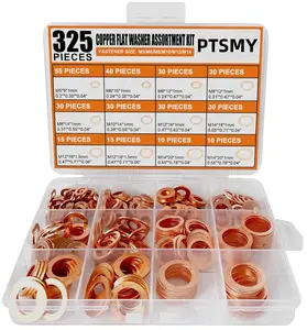 325 PCS, 10 Sizes, Premium Copper Metric Sealing Crush Washers Assortment Kit, Upgraded Flat Ring Oil Drain Plug Crush Washer Gasket Seal Assortment Set, Banjo Bolt Washer for Automotive, Motorcycles