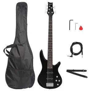 GIB 5 String Electric Bass Guitar Full Size Black with Bag Strap & Accessories 24 Fret Rosewood Fingerboard Adjustable Bridge Powerful Tone Easy Playability