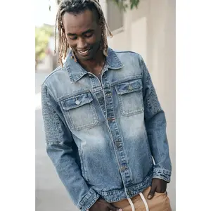 VICTORIOUS Biker Denim Jacket Cotton Sleeve Menswear Coats Pockets