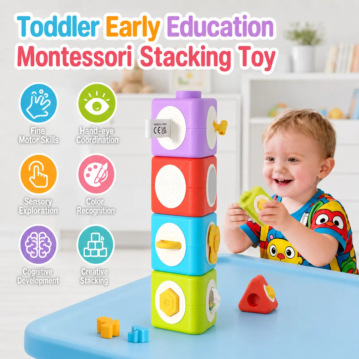 12-in-1 Plastic Montessori Activity Cube & Stacking Toy Block Set (4-Piece) - Educational Sensory Travel Toy for 1-2 Yr Olds, Car Use, Easter Gift for Fine Motor Skills, Sensory Exploration, Creative Stacking