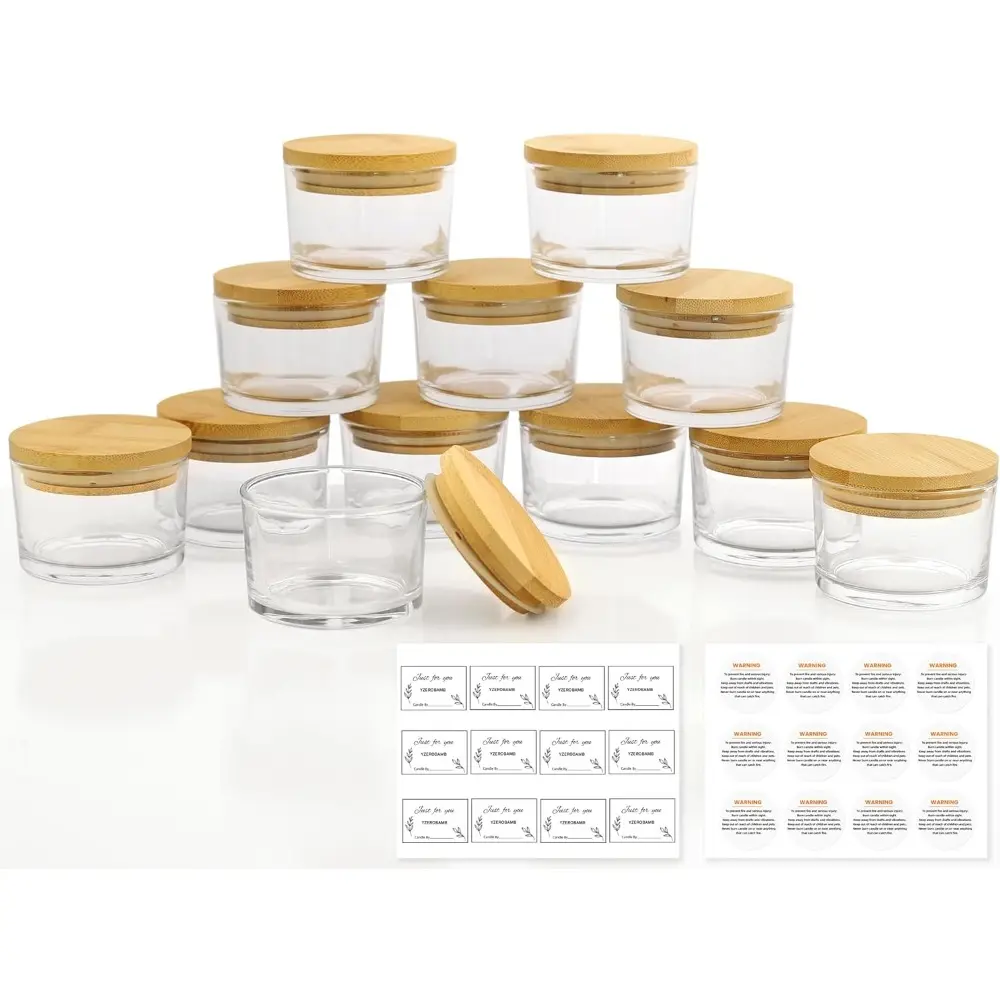 12 Pack 4 OZ Thick Heat-Resistant Glass Candle Jars with Bamboo Airtight Lids-Empty Storage Containers for DIY Candle Making, with Labels - Clear