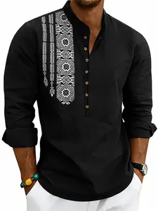 Men's Casual Solid Color Home Henry Shirt, Long Sleeve Bohemian Tribe Print, Loose-Fitting Spring & Fall Top, Plain Style