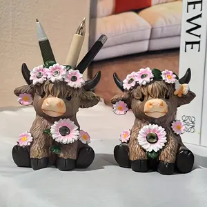 Two resin decorations, Resin animal sculptures, featuring a highland cow with a pink garland. Suitable as flower pots, pen holders, multi-functional decorations. Applicable to gardens, courtyards, tabletops, and can be used as decorations