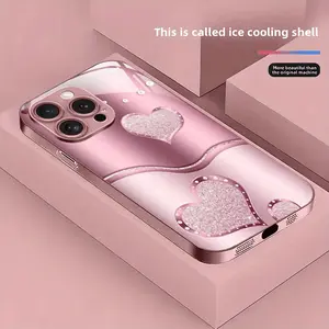 Pink Metal Tempered Glass Hard Phone Case with Glitter Heart Pattern, Compatible with iPhone 17, iPhone 17 Air, iPhone 17 Pro, iPhone 16/16 Pro/16 Plus/16 Pro Max/15/15 Pro/15 Pro Max/14/13/12/11, Lens Protection, Smart Phone Case, Shiny Design, Fashion A
