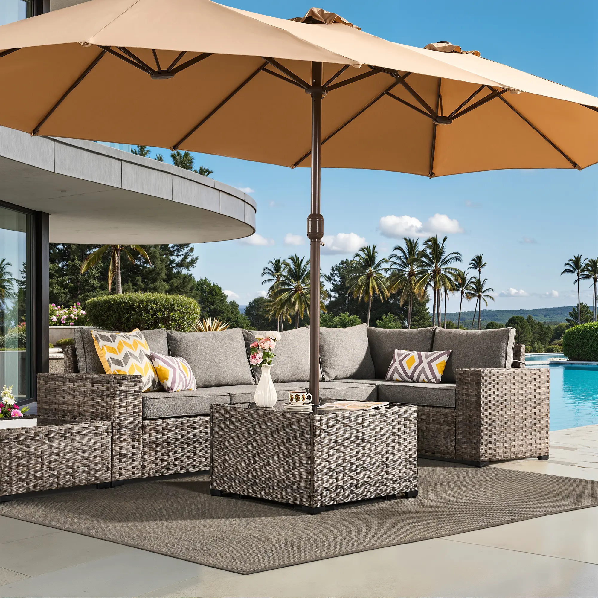 【Summerfinds】Ovios Patio Umbrella Coffee Table with Umbrella Hole, Outdoor Wicker Rattan Coffee Table with Tempered Glass Top and Storage Shelf, All-Weather Table for Backyard Garden Deck Porch Poolside Seating Area