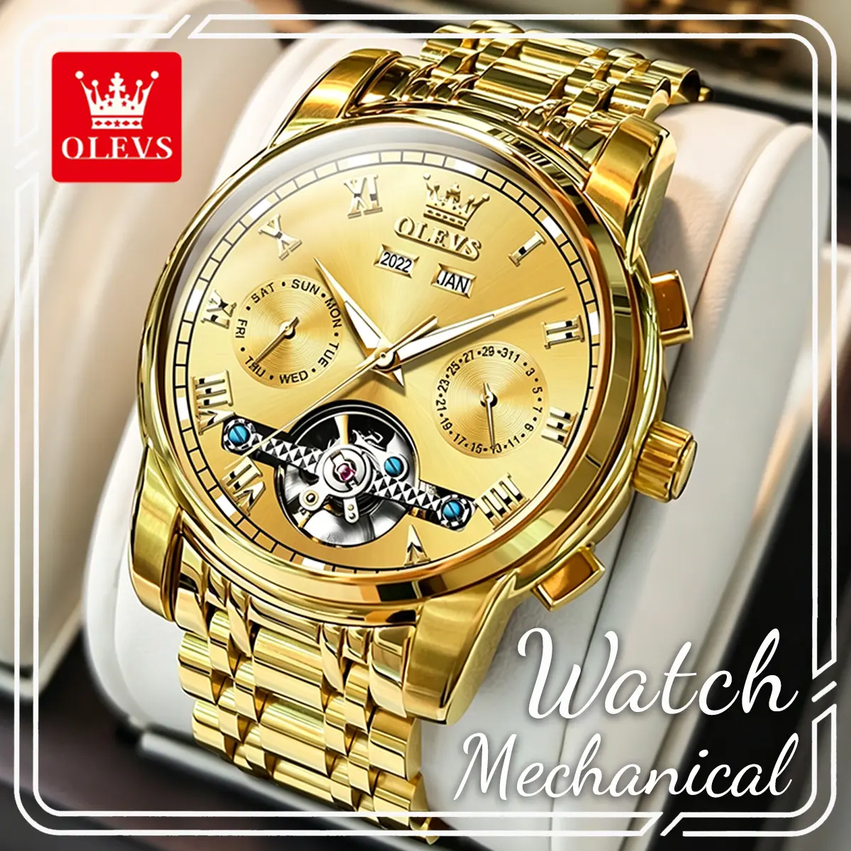 OLEVS Men's Business Skeleton Stainless Steel Analog Mechanical Watch with Roman Numerals, Day-Date Calendar, and Luminescent Hands, Backlit, Mechanical Watches, Analog Mechanical Watches, Round Face