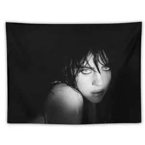 1pc 40x60in Billie Flag Music Album Poster Tapestry - Black & White Portrait Wall Hanging with Pink Accents, 100% Polyester Peach Light Beige Fabric, Horizontal Wall Art for Living Room, Bedroom Decor - Unique Gift for Music Fans