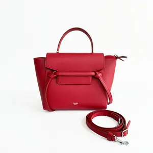 Pre-owned Celine Belt Bag Nano Textured Calfskin Red Iconic Top Handle Crossbody CL001 H7.5"W7.8" D4.5"
