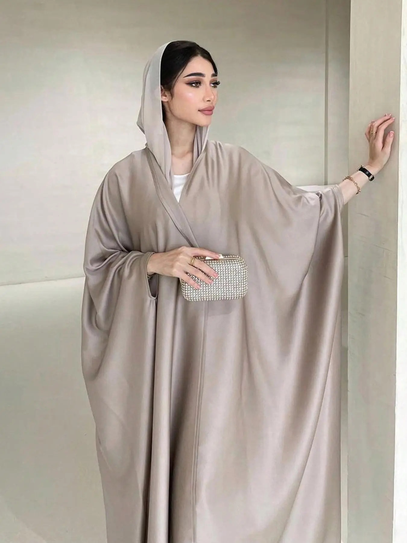 Women's Solid Batwing Sleeve Satin Abaya, Modest Fashion Long Sleeve Open Front Muslim Robe for Daily Wear, Ladies Islamic Clothing for All Seasons, Modesty Muslim Clothing, Islamic Abaya Dress