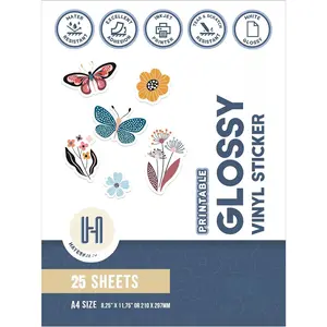 Printable Vinyl Sticker  for Inkjet Printer - Glossy  White Self-Adhesive Sheets for Cricut, Small Business Labels & Water Bottle Stickers - 25 A4  Sticker Sheets for Printing