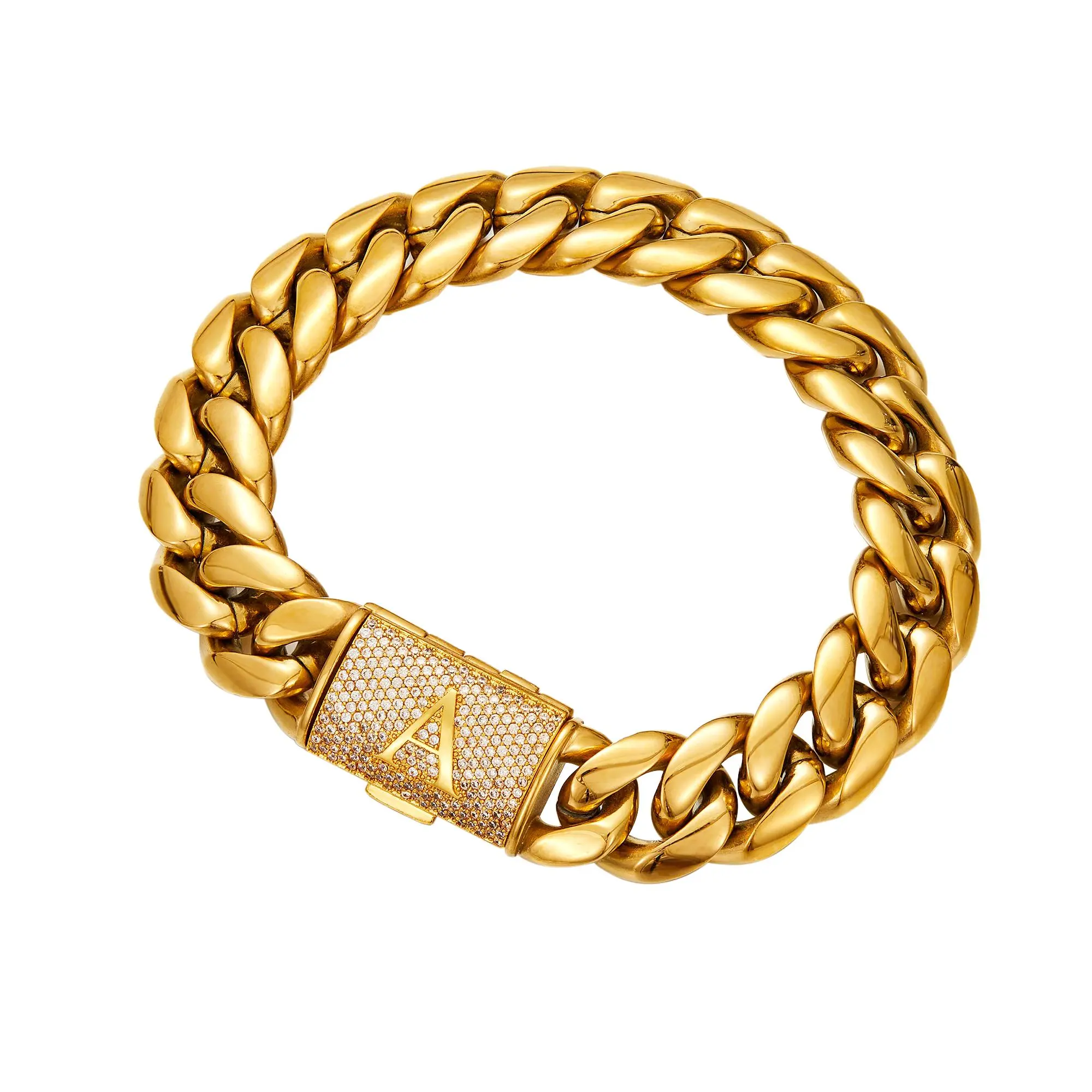 Men's 14mm Iced Out Miami Cuban Link Chain - Sweat-Proof Gold Hip Hop Jewelry, Gym Accessory with Custom A-Z Pave Cubic Zirconia Letter Clasp, Lab Created Stones, Multi-Size Chain & Link Necklace/Bracelet for Party Wear