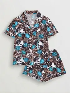 Women's Leopard Print Western Style Pajama Set, Short Sleeve Button-Up Top & Elastic Shorts, Casual All-Season Sleepwear Loungewear Pjs