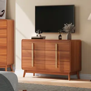 Mid Century Modern 6-Drawer Dresser – Tall Wooden Chest with Metal Handles, Storage Organizer for Bedroom, Living Room, Cherry Finish
