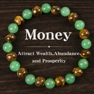 Money Attraction Bracelet with Green Aventurine & Tiger Eye Beads, Colorblock Crystal Style Beaded Jewelry, Abundance Good Fortune Success Encouragement Bracelet Gift for Women Men