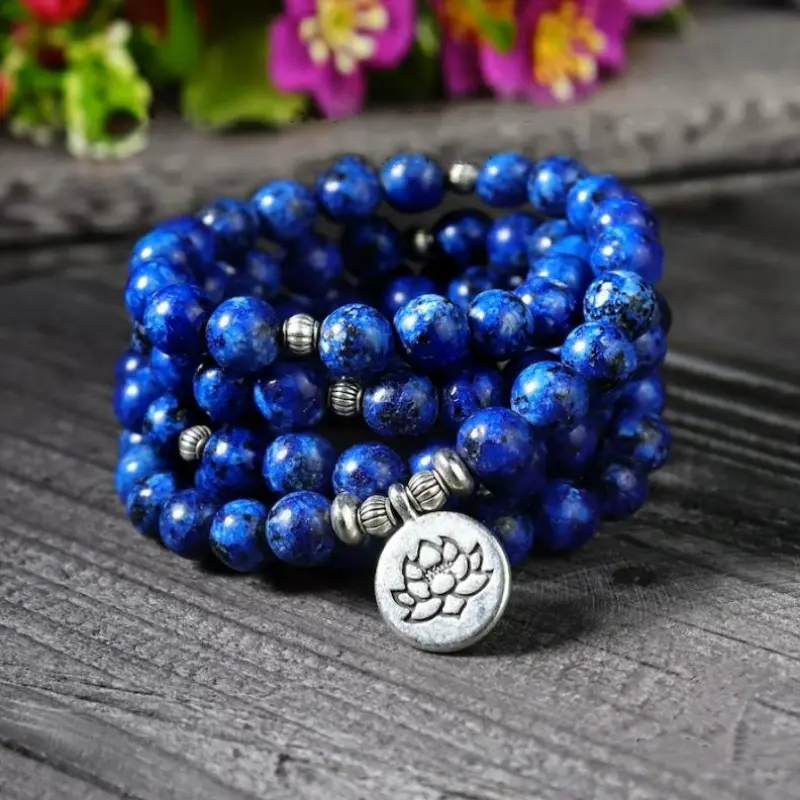 Unisex Wear Multi-Strand Natural 108 Lapis Lazuli Beads Jewelry Set - 36in Folded Wrap Mala Necklace, Lotus Charm Chakra Bracelet for Meditation Healing, Friendship Gifts, 36 In