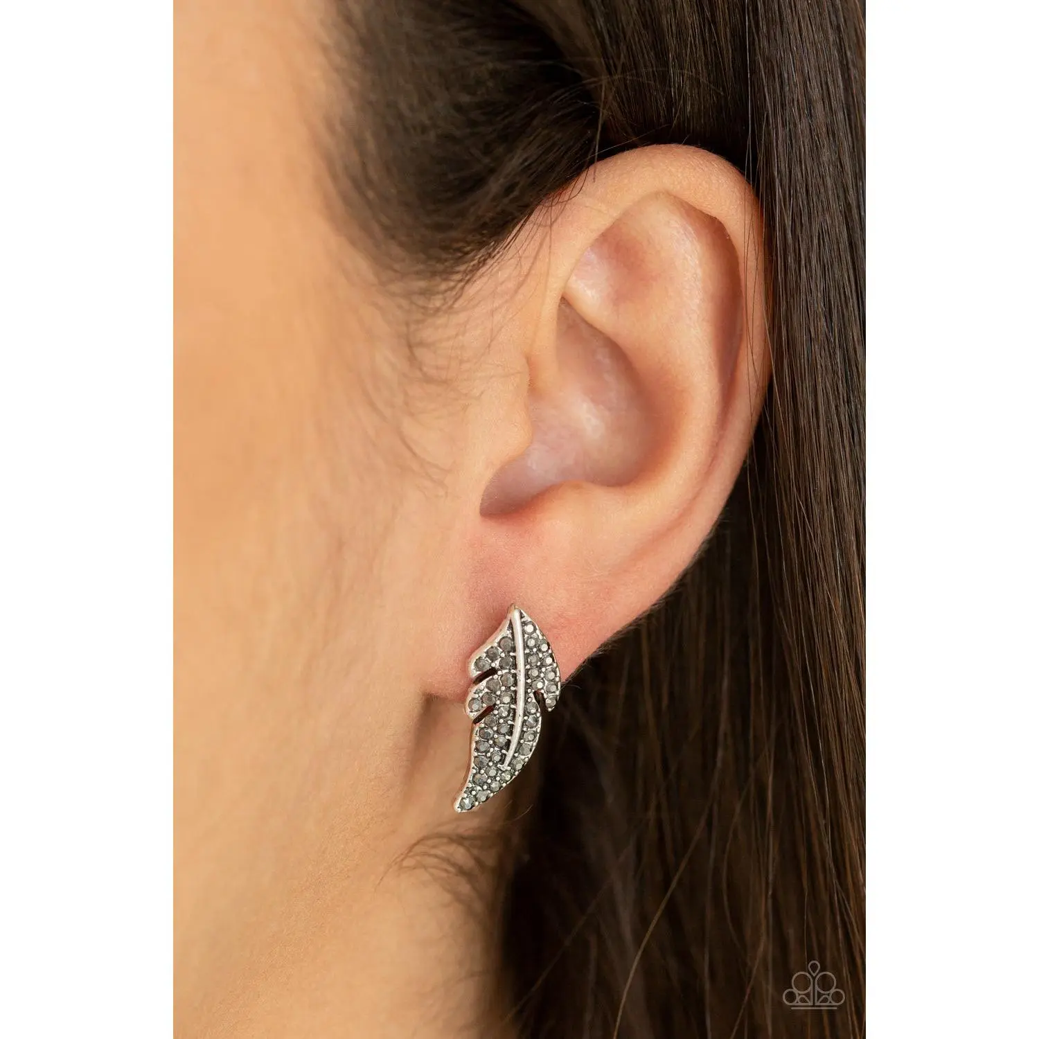 Feathered Fortune - Silver Rhinestone Feather Post Earrings