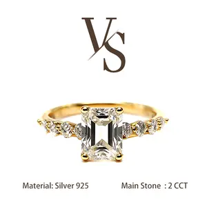 [Venus Jewelry] Synthetic Moissanite 2 CCT Emerald Cut Bubble Band Design VVS 1 D Color Solid Silver 925 Solitare Ring