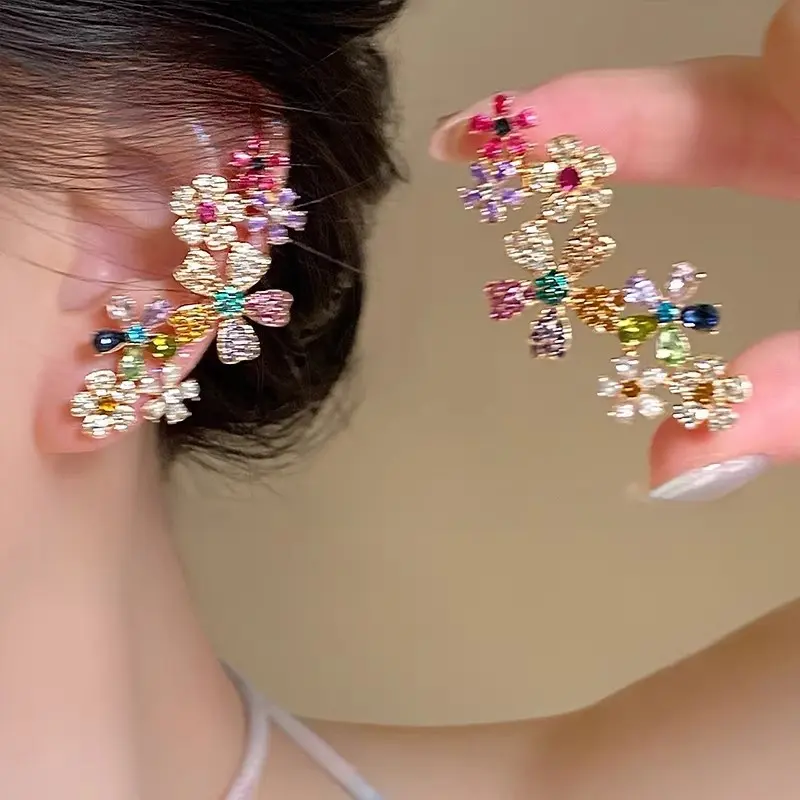 Dopamine Color Flower Shape Full-Diamond Stud Earrings with Integrated Ear Cuff - Secure Fit Artificial Gemstone Jewelry for Special Events E50119-EH tiktokshopbacktoschool