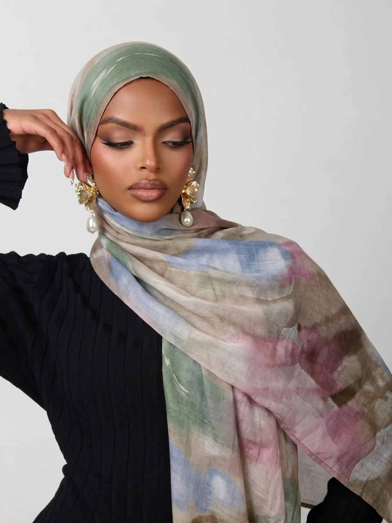 Fashion Tie-Dye Single-Sided Print Bali Silk Hijab Scarf, Elegant Women's Printed Headscarf, Muslim Casual Turban, Breathable Beach Long Shawl