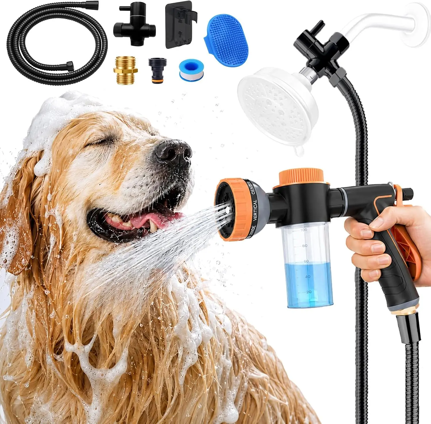 Dog Washing Hose Attachment for Pet Bathing with Black 3 Way Shower Diverter, Dog Wash Hose Nozzle Shampoo Sprayer for Pet Grooming Shower, Dog Shower Attachment for Bathroom