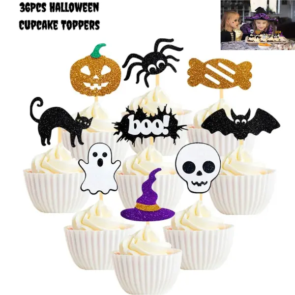 36PCS Halloween Cupcake Toppers, Glitter Pumpkin Ghost Spider Skeleton Cupcake Picks, Halloween Birthday Party Decorations, Cupcake Decor, Dessert Toppers & Party Supplies