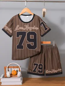 Summer Boys' 2-Piece Set, Medium-Large Kids Los Angeles Print Short Sleeve Top & Shorts Sportswear, Kids Clothing, Casual Summer