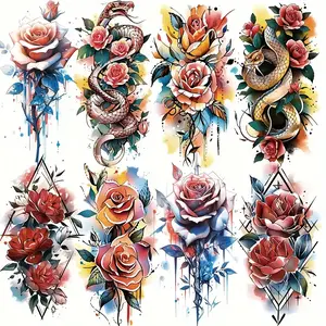8-Piece Vibrant Rose and Snake Temporary Tattoo Set, Waterproof and Realistic Body Art Stickers for Men and Women, Perfect for Beauty Enhancement and Personal Care, Sticker Tattoos