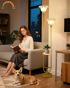 Dimmable Flower Floor Lamp with Table for Living Room, Modern Mid Century Gold Metal Tall Standing Lamp with 5Lbs Heavy Base for Bedroom/Sofa Beside/Corner Decor (Bulb Included)