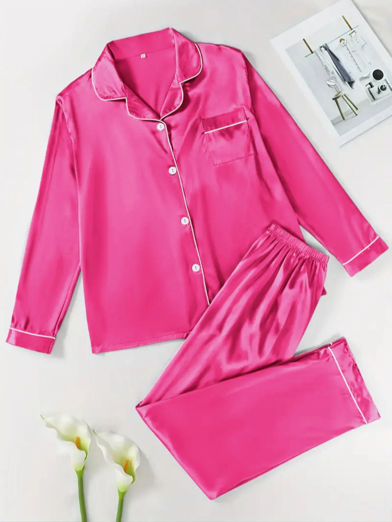 【Valentine's Day】Two-Piece Set Women's Solid Contrast Binding Satin Smooth Pyjamas, Long Sleeve Lapel Button Front Shirt & Elastic Waist Pants PJ Set, Casual Comfortable Loungewear Sleepwear Set for Women