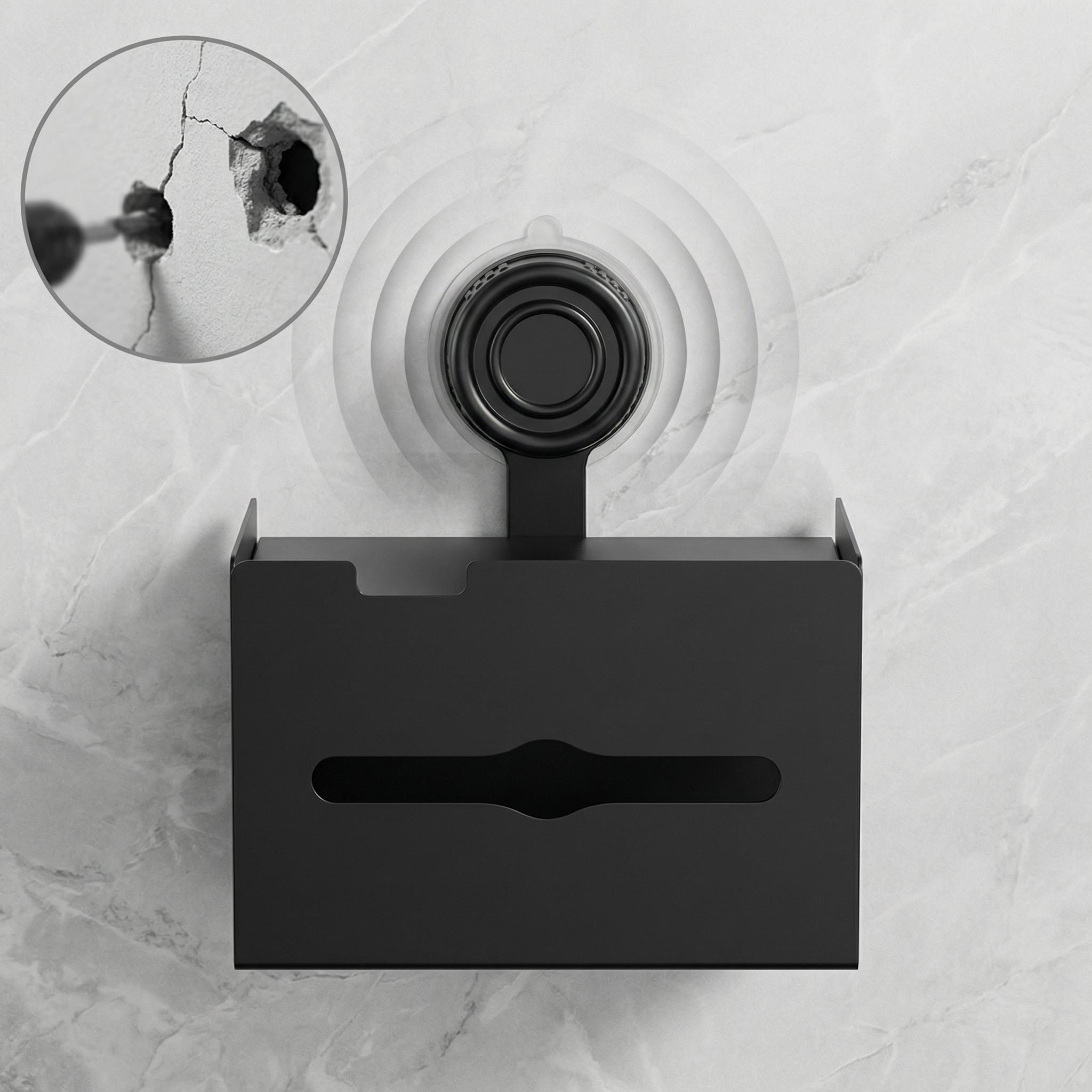 Suction Cup Toilet Paper Holder with Shelf, No Drill Bathroom Organizer, Heavy-Duty Vacuum Suction, Rustproof Space Aluminum, Matte Black Wall Mount Tissue Dispenser for Bathroom, RV, Rental Friendly