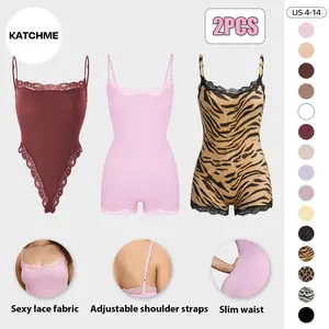 KatchMe Lace Series Women's Spaghetti Strap Lace Trim Breathable Quick-Drying Flexible Bodysuit, Chic Lightweight High Stretch Playsuit, Seamless Basic Skin-Friendly Nightdress