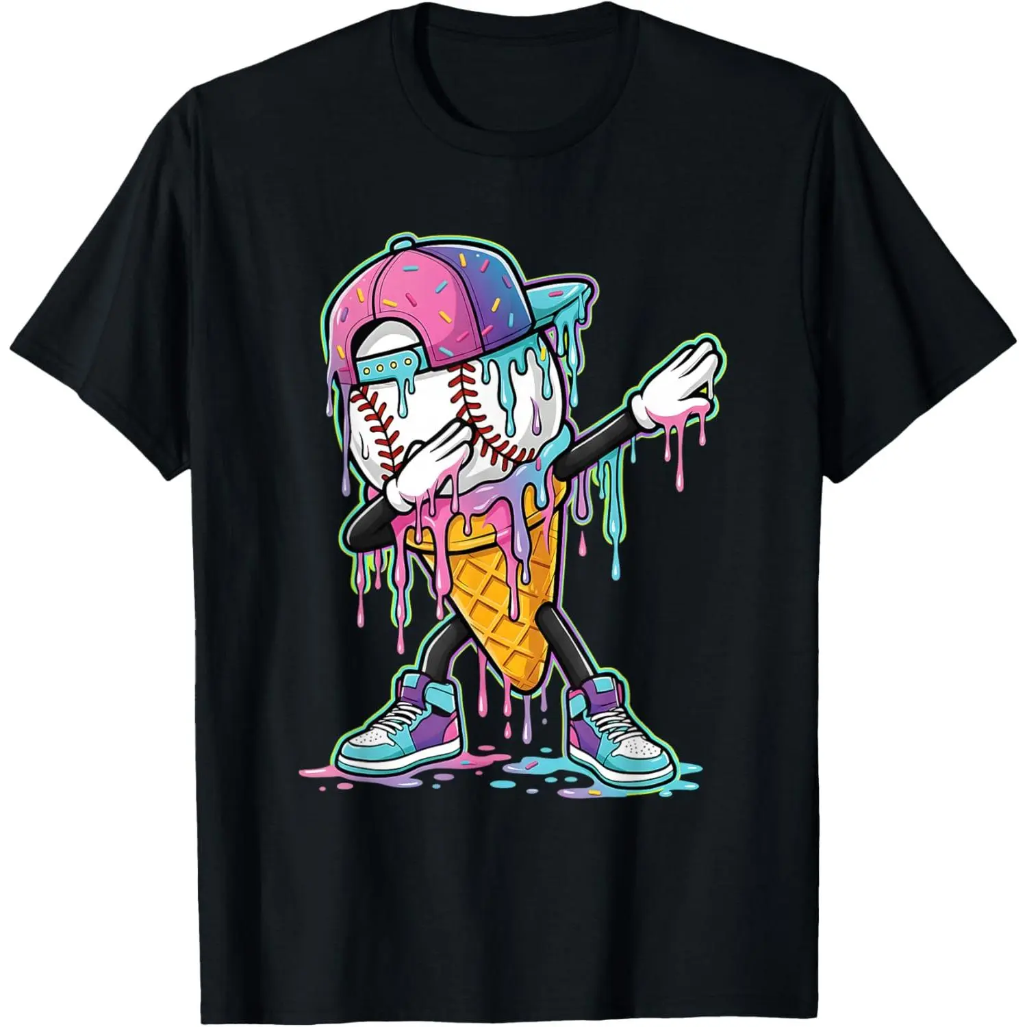 Boys' Dripping Ice Cream Graphic Print Baseball T-Shirt - Casual Style, Funny Print, Sport Sleepwear, Casual Style Shirt, Funny Print Shirts