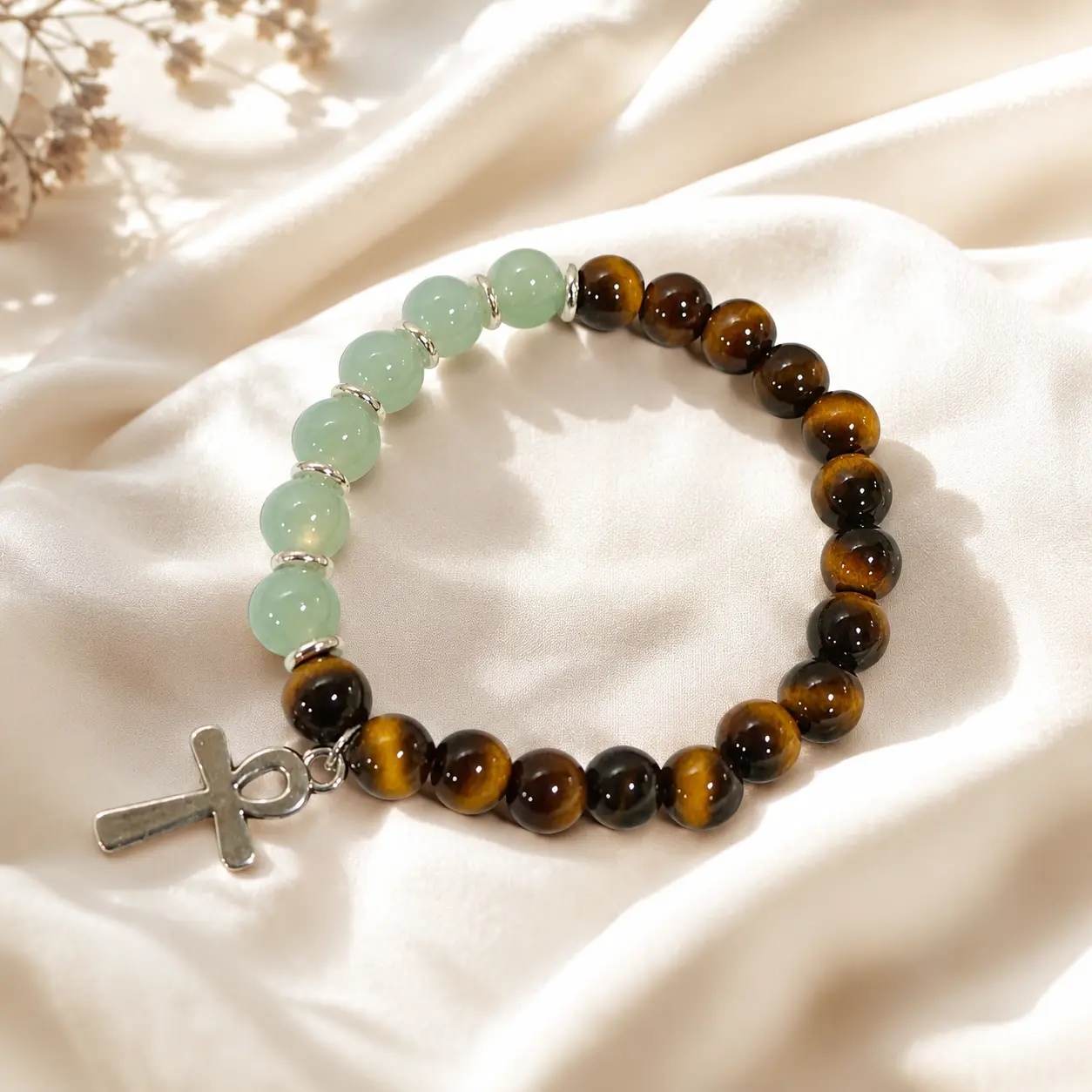 Mixed Bead Cross Charm Stretch Bracelet