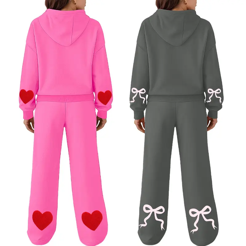 ETCYY NEW Women's Cotton 2-Piece Casual Lounge Outfits - Bow Trim Print Hoodie, Wide Leg Sweatpants, Oversized Longsleeve Athleisure, Fall Camo Sportswear with Bonney Bow Detail, Matching 2-Piece Set