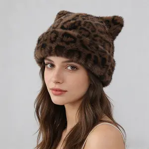 Women’s Trendy Cat Ear Leopard Print Fuzzy Beanie – Winter Warm Ear Flap Hat for Cold Weather