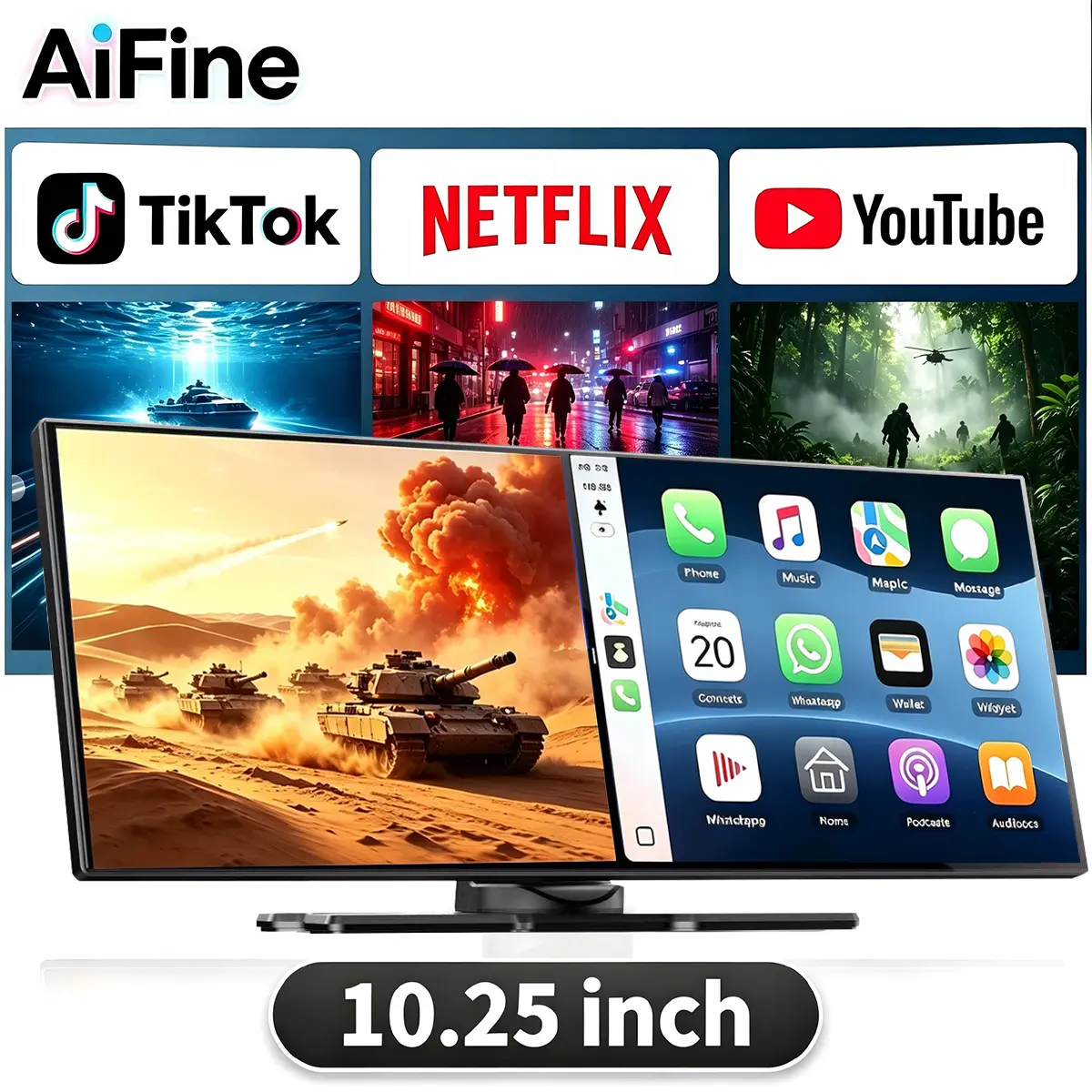 【SummerFinds】AiFine 10.25-inch Wireless CarPlay Display. Stream Netflix, TikTok and YouTube. Features split-screen mode, supports 1080P reversing camera, real-time navigation and voice assistant; compatible with iOS 10+ and Android 11+.