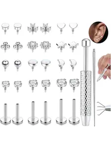16g 18g Flat Back Stud Earrings for Women, Hypoallergenic Surgical Steel Internal Thread, 14k Gold Plated Silver Color Jewelry, Earring Stacking Set, Ear Studs