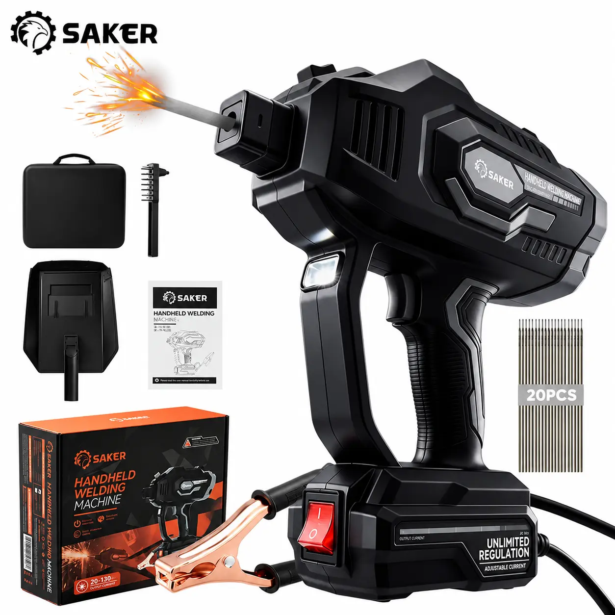 Saker Portable Handheld Stick Welder Machine, 110V Household 1-Hand Welding Gun, 130A Max Adjustable Current Mini ARC Welder Kit with LED Display, Welding Helmet & Full Accessories for DIY Garage, Auto Metal Repair